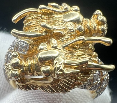 Solid 14k White and Yellow Gold Double Dragon Head Ring 7.8Grams, Size 6