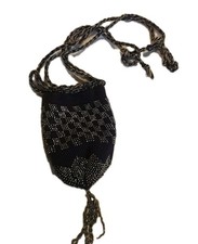 1920s Art Deco Black Beaded Flapper Purse Fringe Micro Bead Evening Bag Vintage