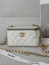 Chanel  White Caviar Leather Long Vanity Case Gold Chain Hardware [Duties Paid]