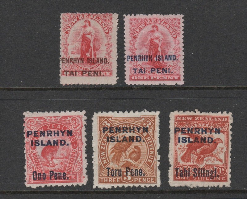 Penrhyn Island 1902-1903 Sc 2, 6, 10-11 MH & Sc 12 No Gum F/VF CV $93.75