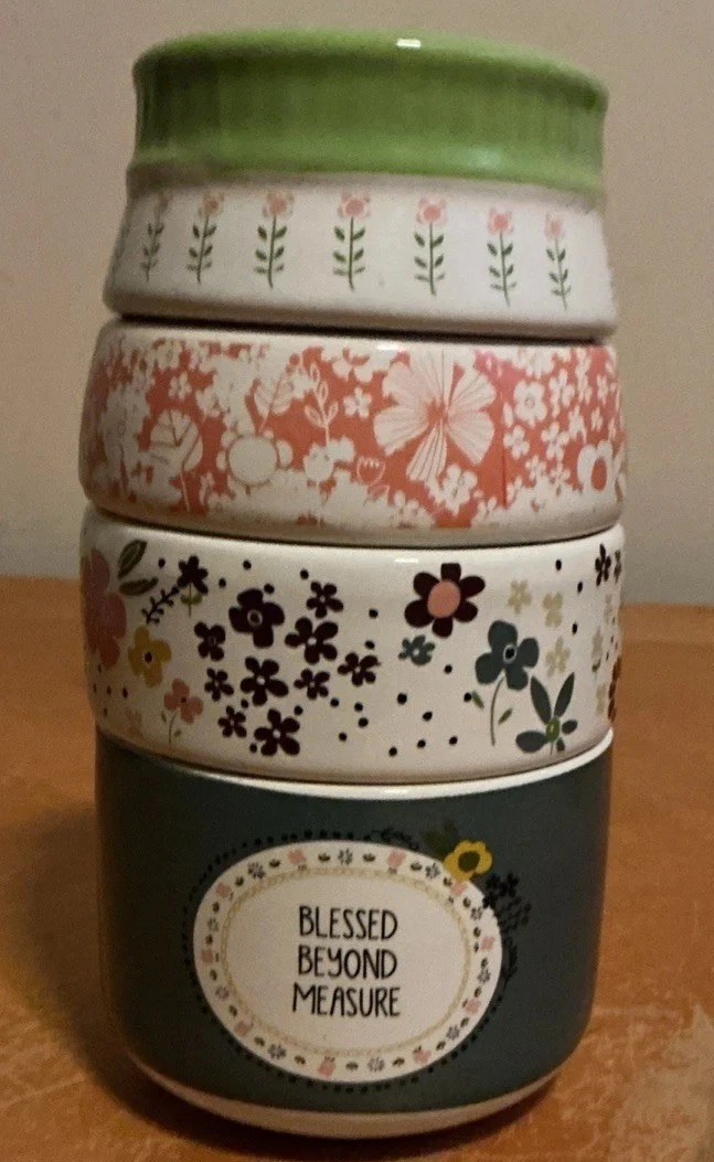 Blessed Beyond Measure Measuring Cup Set Floral Stackable Decor Stoneware