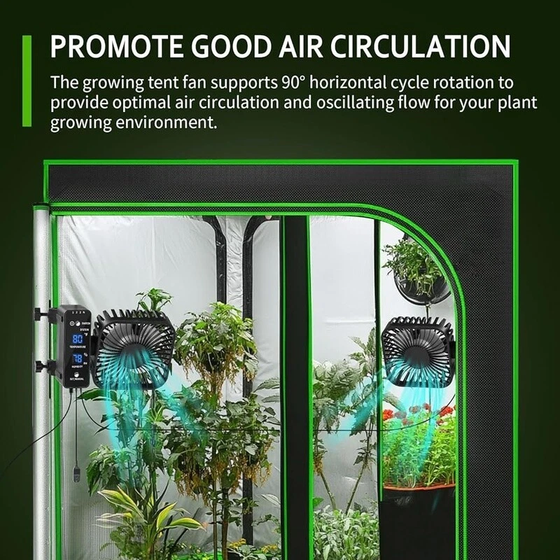 Paquete de 2 ventiladores de tienda de cultivo de 4" con medidor de temperatura y humedad ventilador automático de control de oscilación Foto 3 de 4