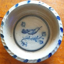 Vintage Rare 1980 ROWE pottery works pie plate dish with Blue Bird salt glazed