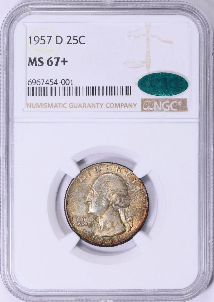 1957 D Washington Quarter NGC MS67+ CAC Massive Rainbow Toned - Image 2 of 3