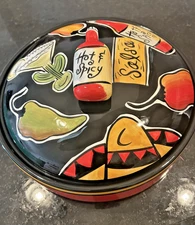 Clay Art Hot & Spicy Salsa Jar Bowl w/ Lid Peppers Sombrero Ceramic Mexico