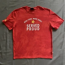 Carl’s Jr. T Shirt Mens Large Red Bleach Dye Served Proud Fast Food Promo Staff
