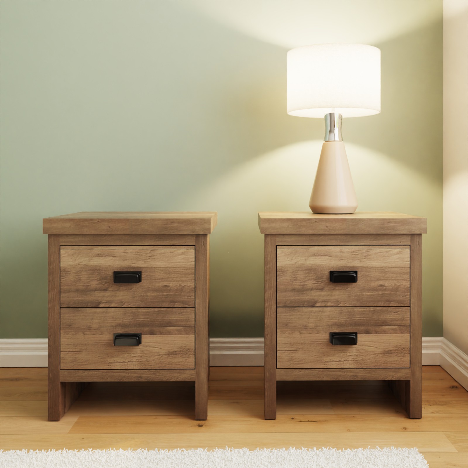 Boston 2 Drawer Bedside Lamp Side End Table Storage Unit Cabinet Pair Knotty Oak