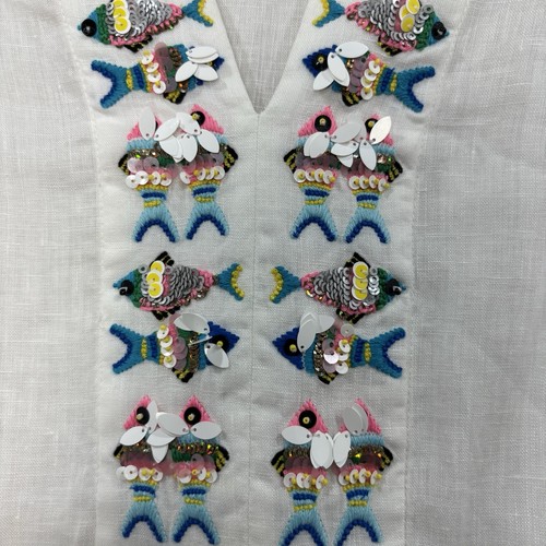 TALBOTS 100% Leinen Bluse 2X weiß Fisch bestickt Perlen Tunika Oberteil Glockenärmel - Bild 5 von 13