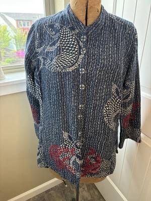 Citron Santa Monica  Womens Jacket Large Blue Embroidered Fish Koi Silk & Linen