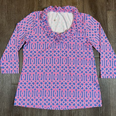 Lulu-B Colorful Comfy Clothing Top Ruffle Neck  Geometric 3/4 Sleeves Sz S