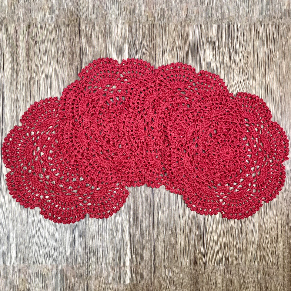 8 Inch Doilies Crochet Round Lace Red Handmade Cotton Coasters, Pack Of 4 - Image 4 of 4