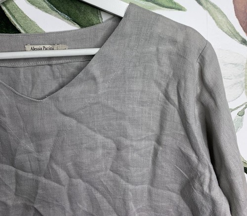 Alessia Pacini Made in Italy Large Gray V Neck 3/4 Sleeves Tunic Blouse Linen - Picture 3 of 7