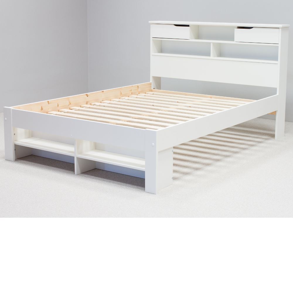 Wood Storage Bed, Fabio White Bookcase Bed with 2 Size and 4 Mattress