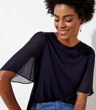 LOFT NWT Shimmer Dot Flare Sleeve Mixed Media Top - Forever Navy - Size X Small