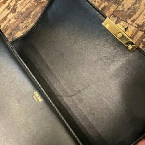 Auth CELINE Triomphe Medium - Black gold Shiny Calfskin Shoulder Bag from japan - Picture 9 of 10