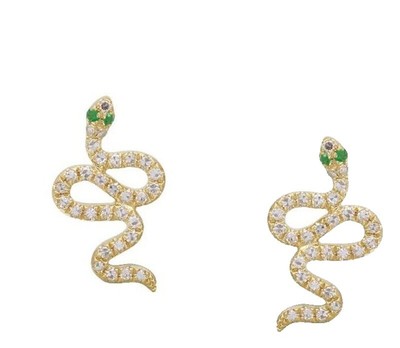 0.95ct Natural Round Diamond Emerald 14k Solid Yellow Gold Snake Stud Earring