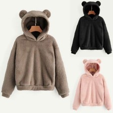 Frauen Langarm Fleece Sweatshirt Winter Warm Bär Ohren Form Hoodie Pullover