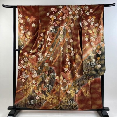 Japanese Kimono Furosode Silk Butterfly Cherry Blossom Foil Reddish Brown 159cm