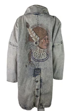 Vtg 90s GITANO Women’s L Acid Wash Denim Native American Art to Wear Jean Jacket