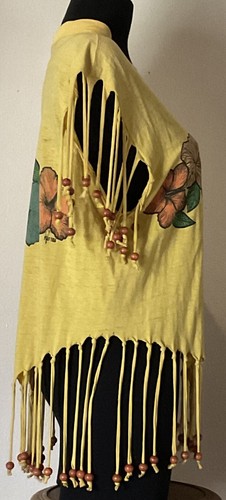 Vintage 1980s Radical Sunny Yellow Hawaiian Flower Top Bead Fringe Size Small - Picture 4 of 9
