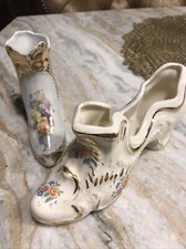 Vintage Victorian Porcelain High Heel Shoe Pair Gold Gilding Nice Detail