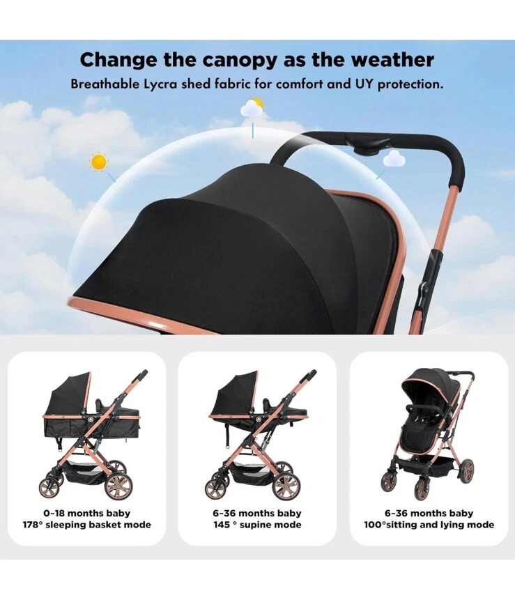 2-in-1 Luxury Bassinet Stroller-Folding Pushchair Baby/Toddler Carriage-Blk/Pink - Image 4 of 4