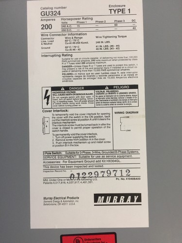 MURRAY GU324 SAFETY SWITCH 240 VAC 250 VDC 200 AMP 60 MAX HP 3 PHASE TYPE 1 - Picture 5 of 12