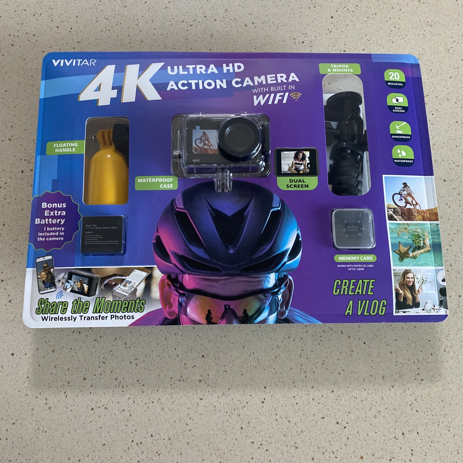 NEW Vivitar 4K Ultra HD Action Camera Bundle WiFi, 2 Screens + 64GB SD