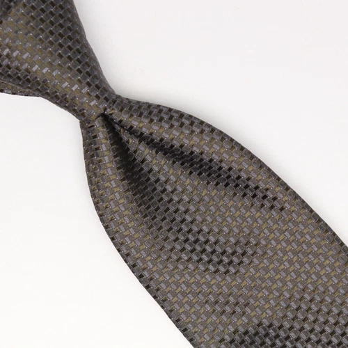 Gladson Mens Silk Necktie Pewter Gray Check Basketweave Textured Tie Italy
