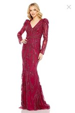 Mac Duggal Embellished Puff Sleeve Illusion V-Neck Gown Size 8 Color Berry 20349
