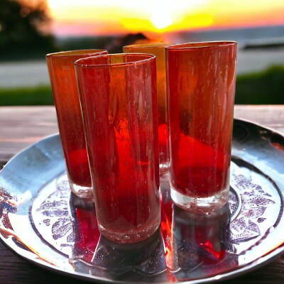 Ruby Red Hand Blown Bubble Glass HighBall Tumbler Studio Nova Truck 4 Amberina