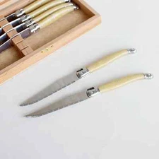 Jean Neron Laguiole 6 piece Steak Table Knife Set + wood gift box - Light Horn
