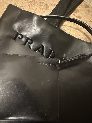 Prada Logo Punching Calf Leather Tote Bag w/Pouch Black 28351 | eBay