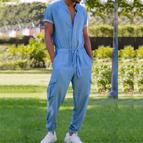 Mens Casual Romper Short Sleeve T-shirt Playsuit Jumpsuit Summer Long Pants - Picture 4 of 5
