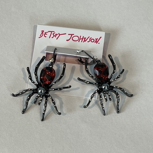 Betsey Johnson Spider Drop Earrings Glampire Crystal Accents Hematite Goth New