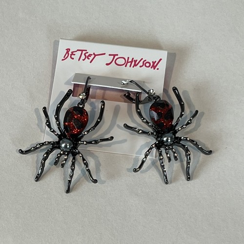 New Betsey Johnson Glampire Spider Drop Earrings Crystal Accents Hematite Tone - Picture 1 of 6