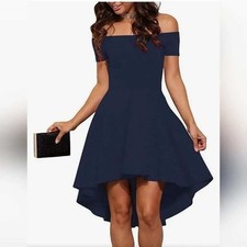 Sarin Mathews Cocktail Dress Navy Blue High-Low Off-Shoulder Womens Medium NEW