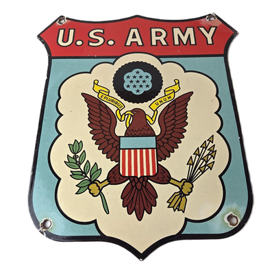 #ad Vintage US Army Sign Gas Pump American Shield Porcelain Sign $147.47