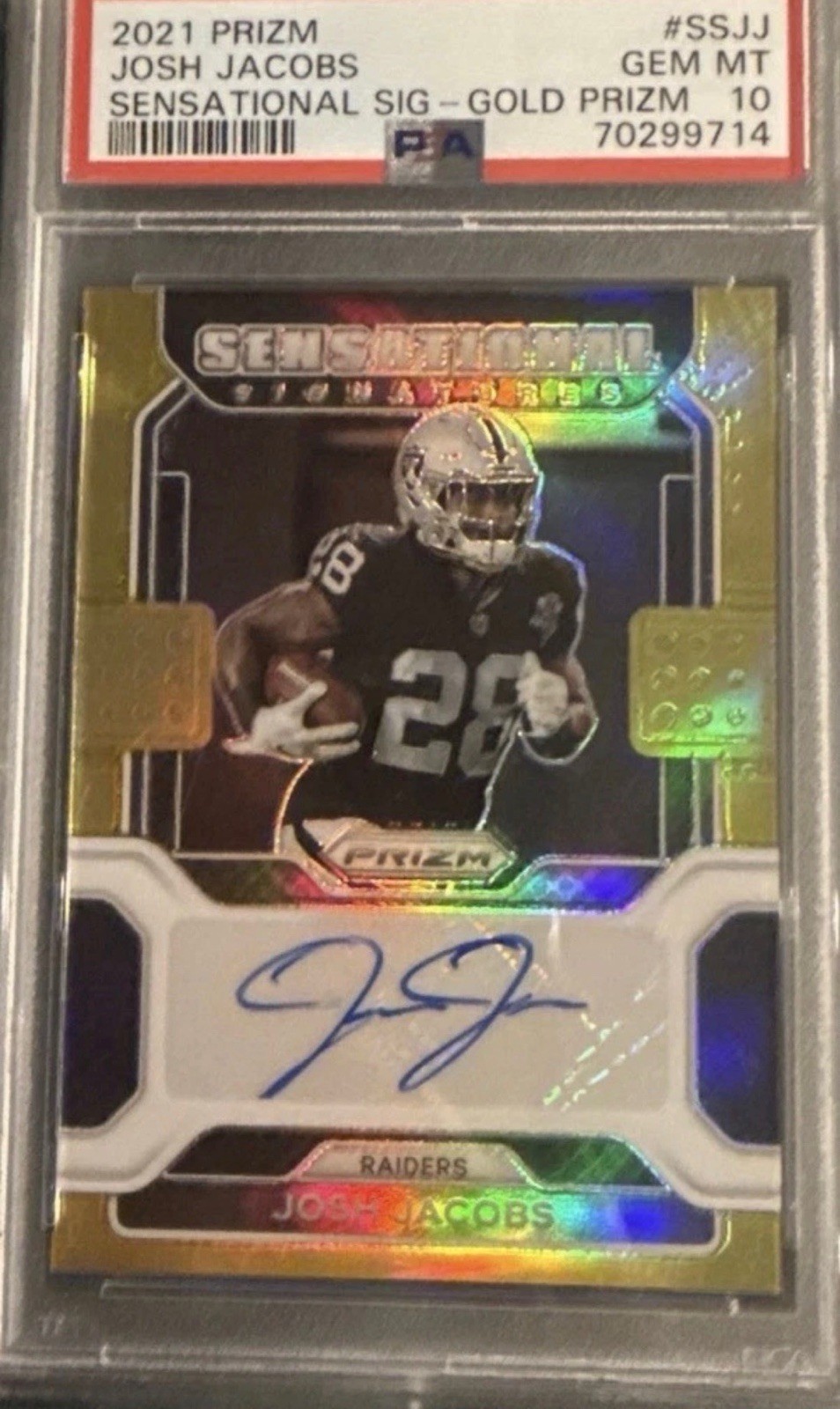 2021 Panini Prizm JOSH JACOBS Sensational Sign Auto 1/10 GOLD Raiders PSA 10