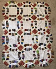 Handmade Double Wedding Ring Quilt Top Unfinished Multicolor 39 x50 8
