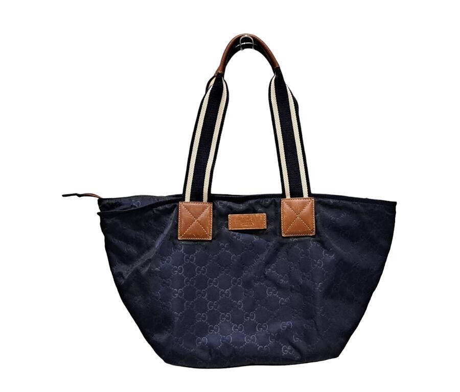 Gucci GG Navy Tote Bag with Zipper in Nylon and Leather for Women