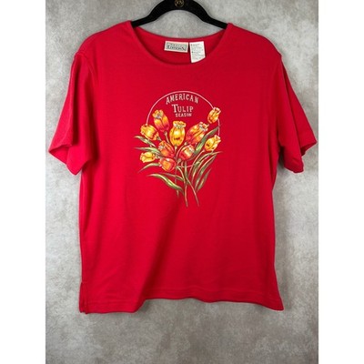 NWT VTG Basic Editions T-Shirt Women Medium Red American Tulip Season Sequin