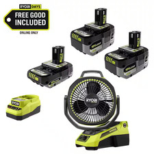 ONE 18V Ryobi Kit W/ 2 4Ah Batteries, 2Ah Battery, Charger, Fan