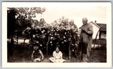 Vtg B&W Snapshot Family Group Man In Overalls Kids By Rose Bush Garden 1930s