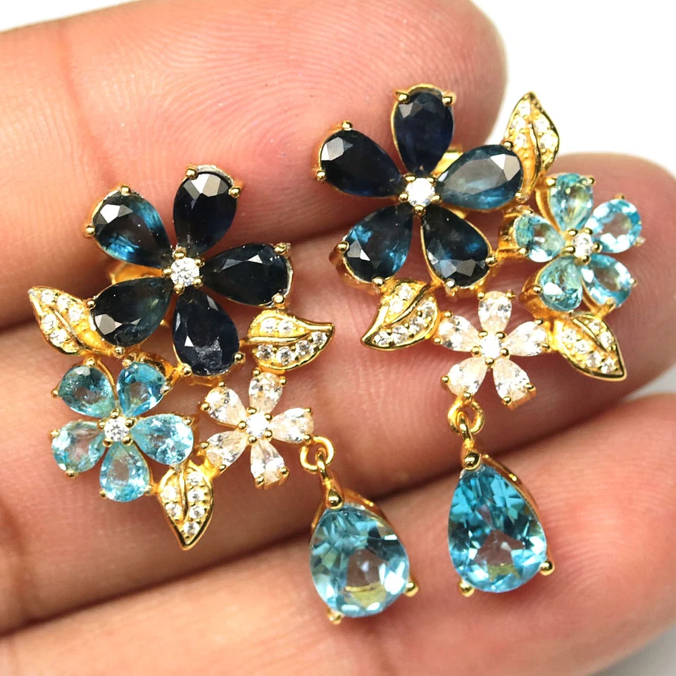 925 Sterling Silver Sky Blue Topaz, Sapphire & Cubic Zirconia Earrings - Image 2 of 4
