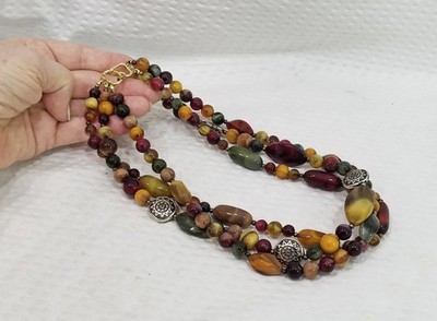Vintage Maroon Olive Cognac Taupe & Ochre Double Strand Beaded Choker Necklace