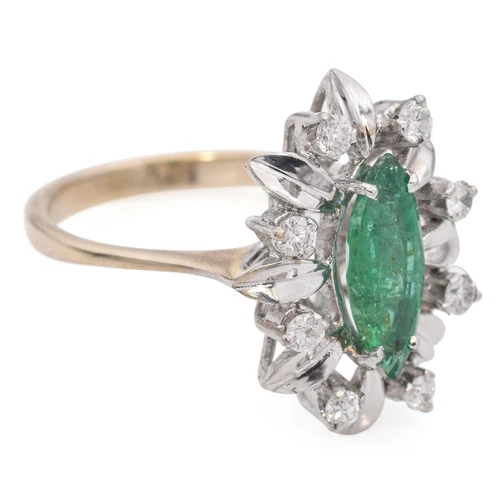 Vintage 18k Yellow Gold Marquise Emerald Diamond Ring - Picture 6 of 7