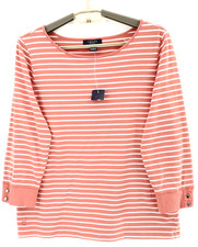 NWT CHAPS Women's Stretch Cotton Top 3/4 Sleeve Striped Coral Pink White Size L