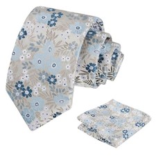 Mens 3.15'' Natural Flower Pattern Tie with Floral Pocket 146-gray navy Blue