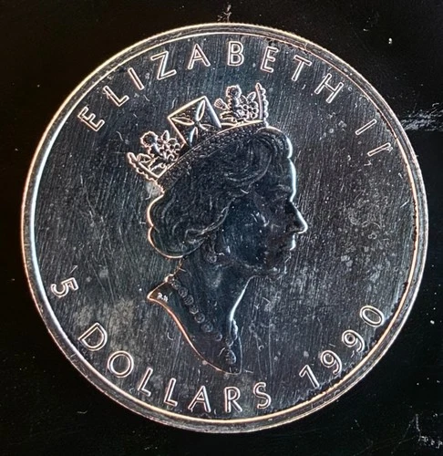 1990 Canadian Maple Royal Mint Elizabeth TONED Bullion-0.999 Silver 1 Oz Coin